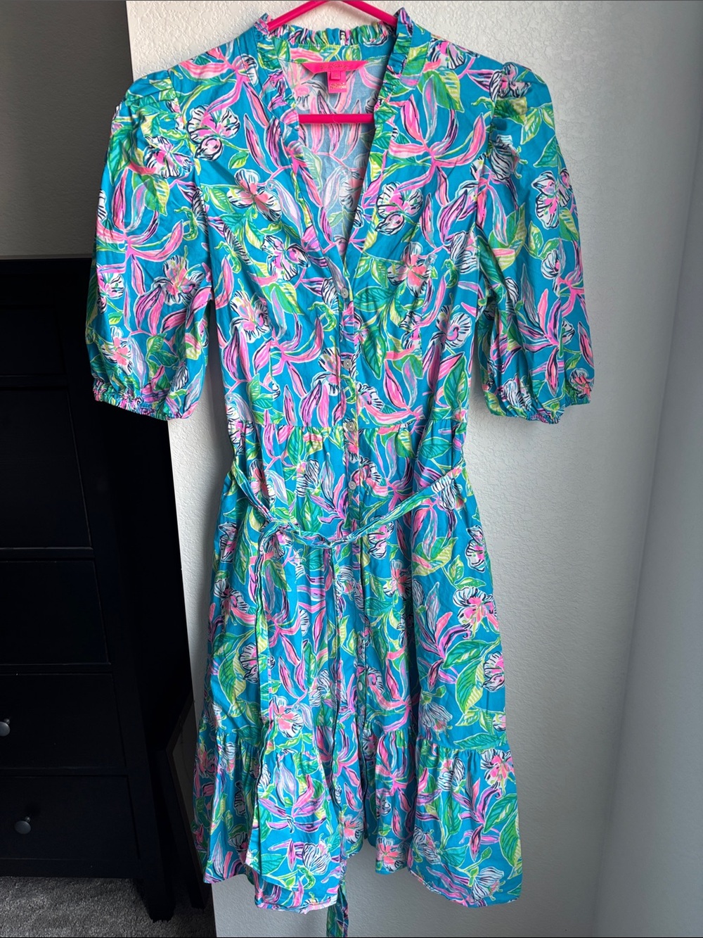 Lilly Pulitzer Turquoise, Pink & Green V-Neck Tiered Midi Dress